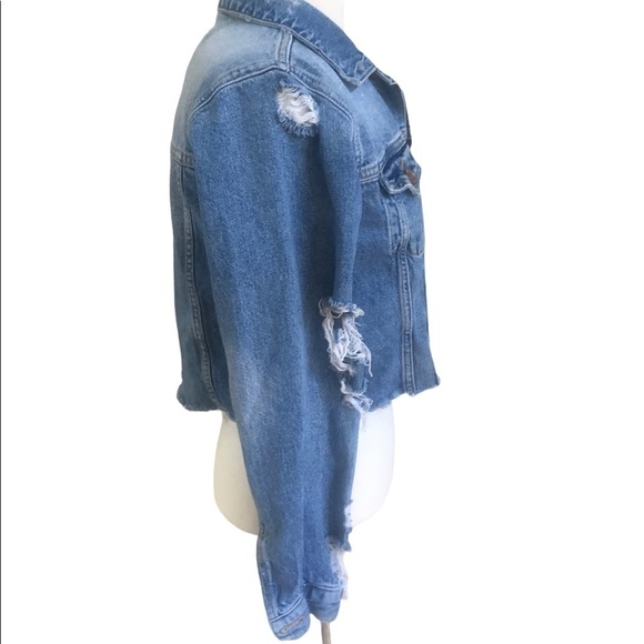 Jean Jacket Raw Hem Cropped Ripped Distressed Size Small Forever 21 - Picture 4 of 5
